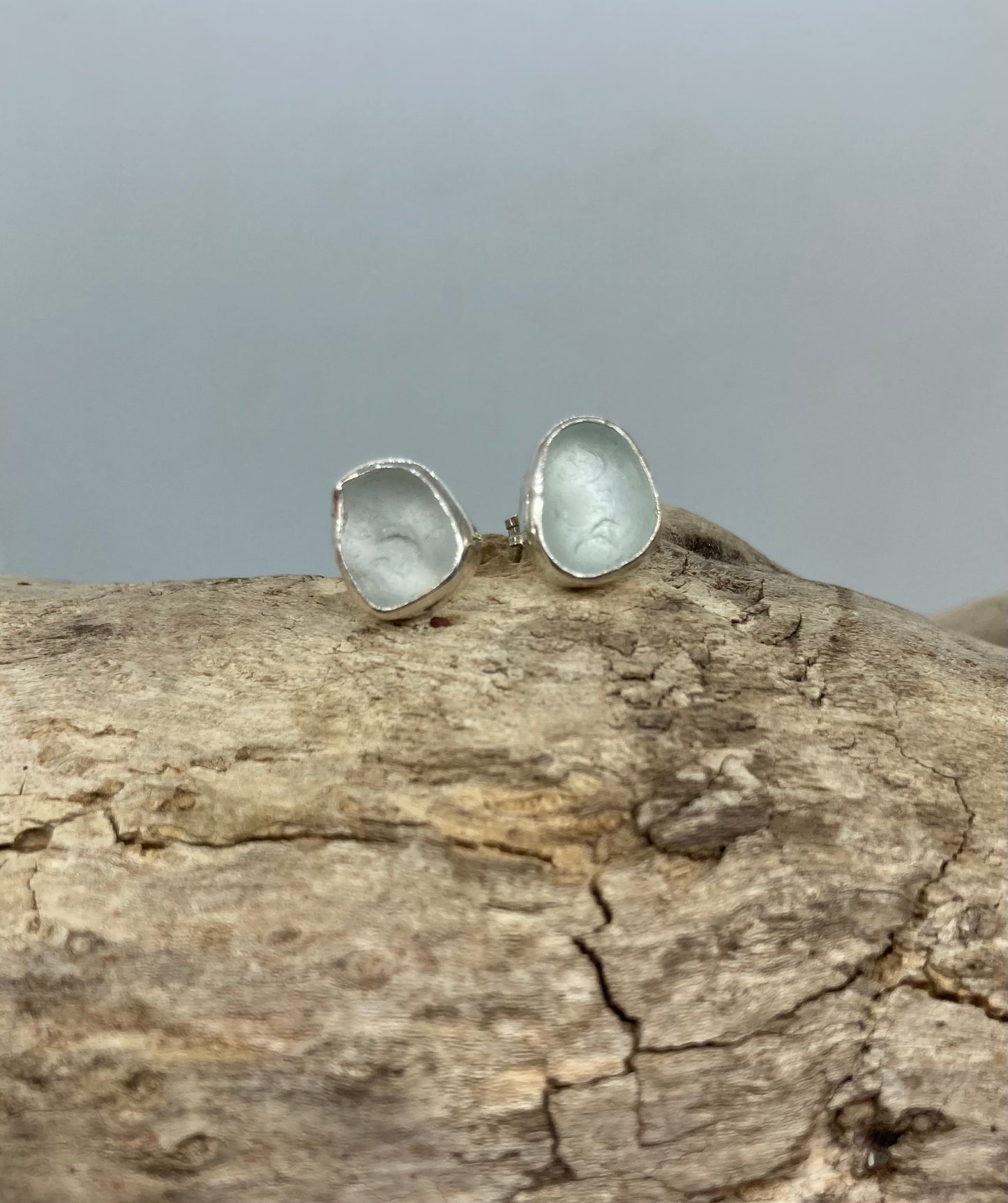 White Sea glass sterling silver studs