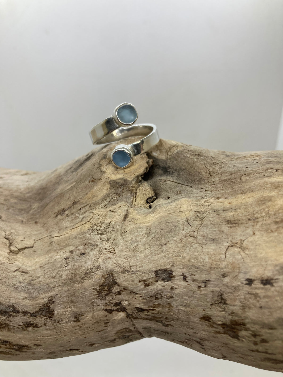 Steel blue sea glass twist ring UK size P