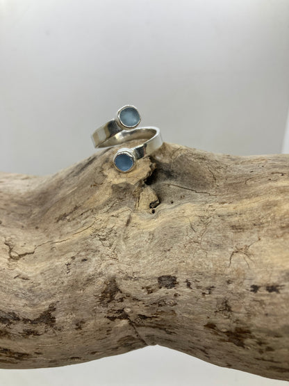 Steel blue sea glass twist ring UK size P