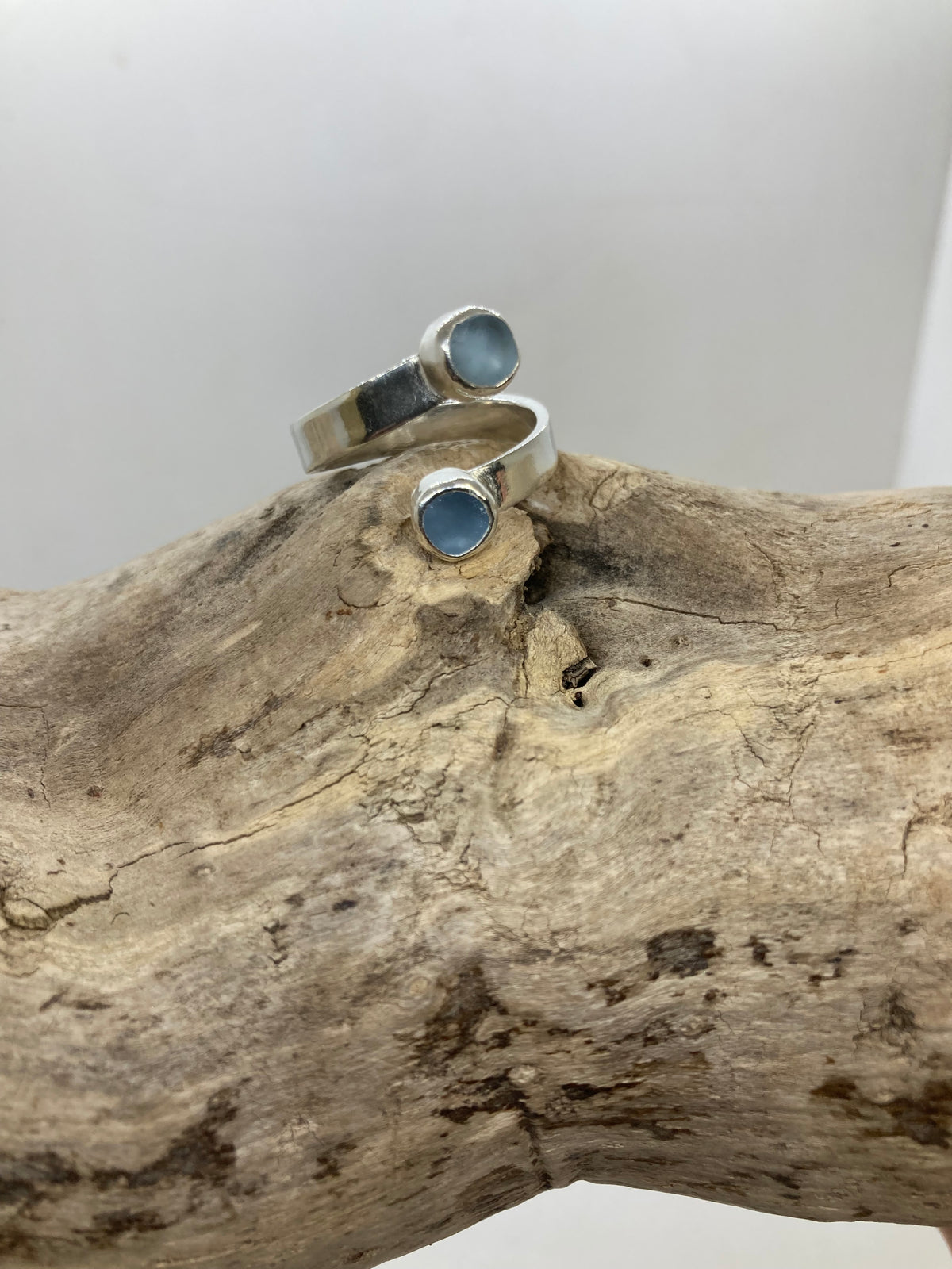 Steel blue sea glass twist ring UK size P