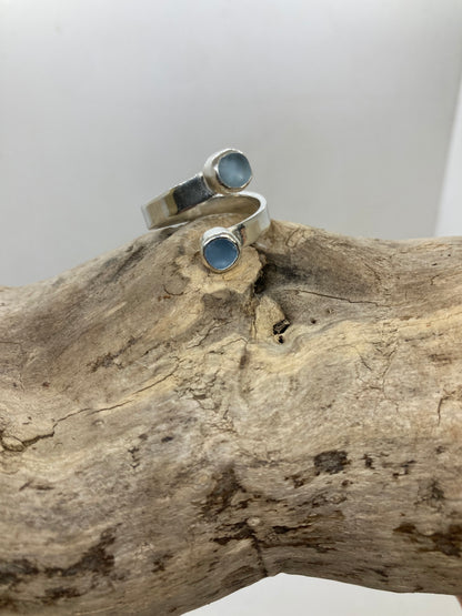 Steel blue sea glass twist ring UK size P