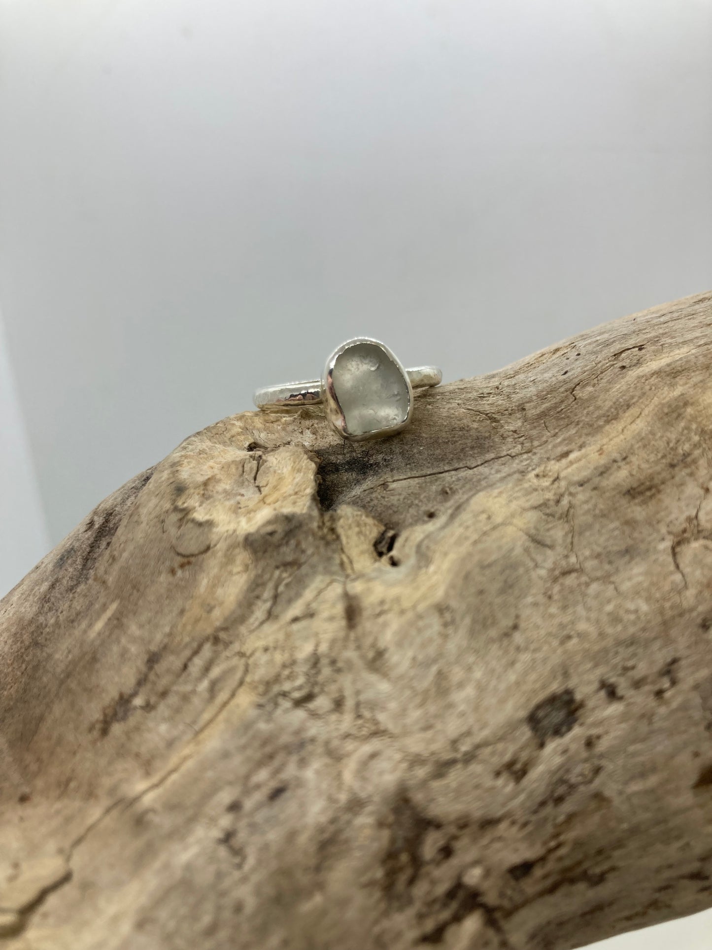 White Sea glass hammered ring UK size Q