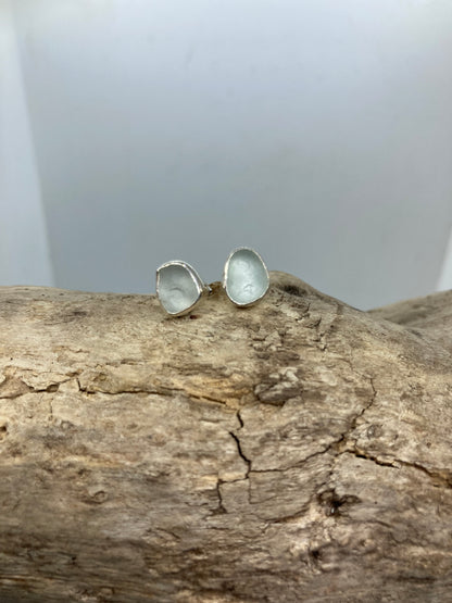 White Sea glass sterling silver studs