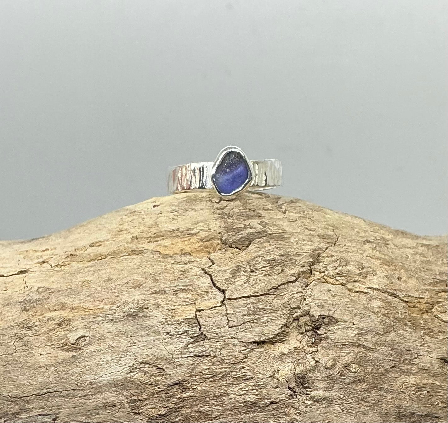 Shades of purple sea glass ring UK size N