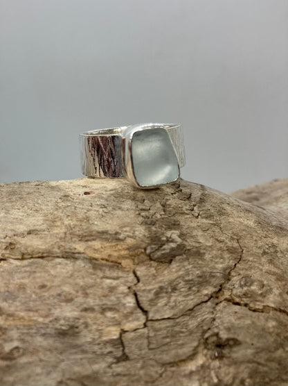 Chunky White Sea glass ring UK size S