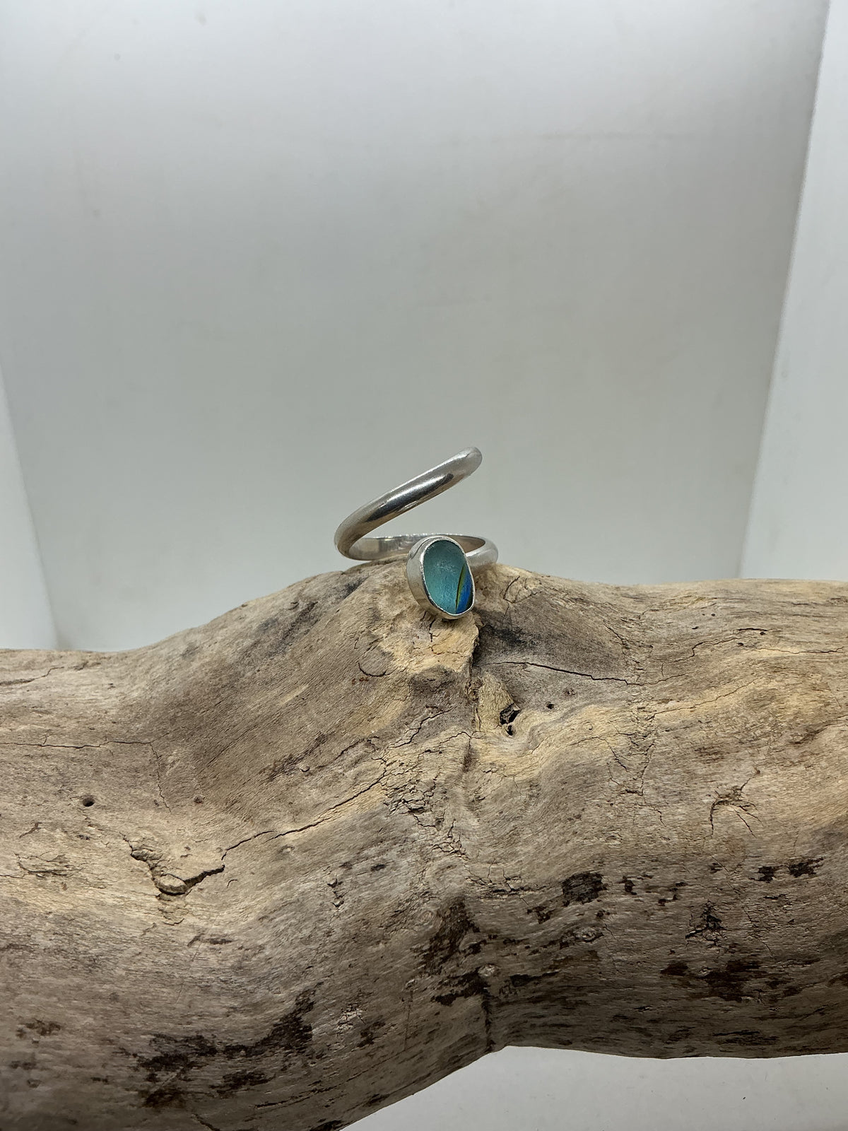 Special Blue multi sea glass twist ring UK size O
