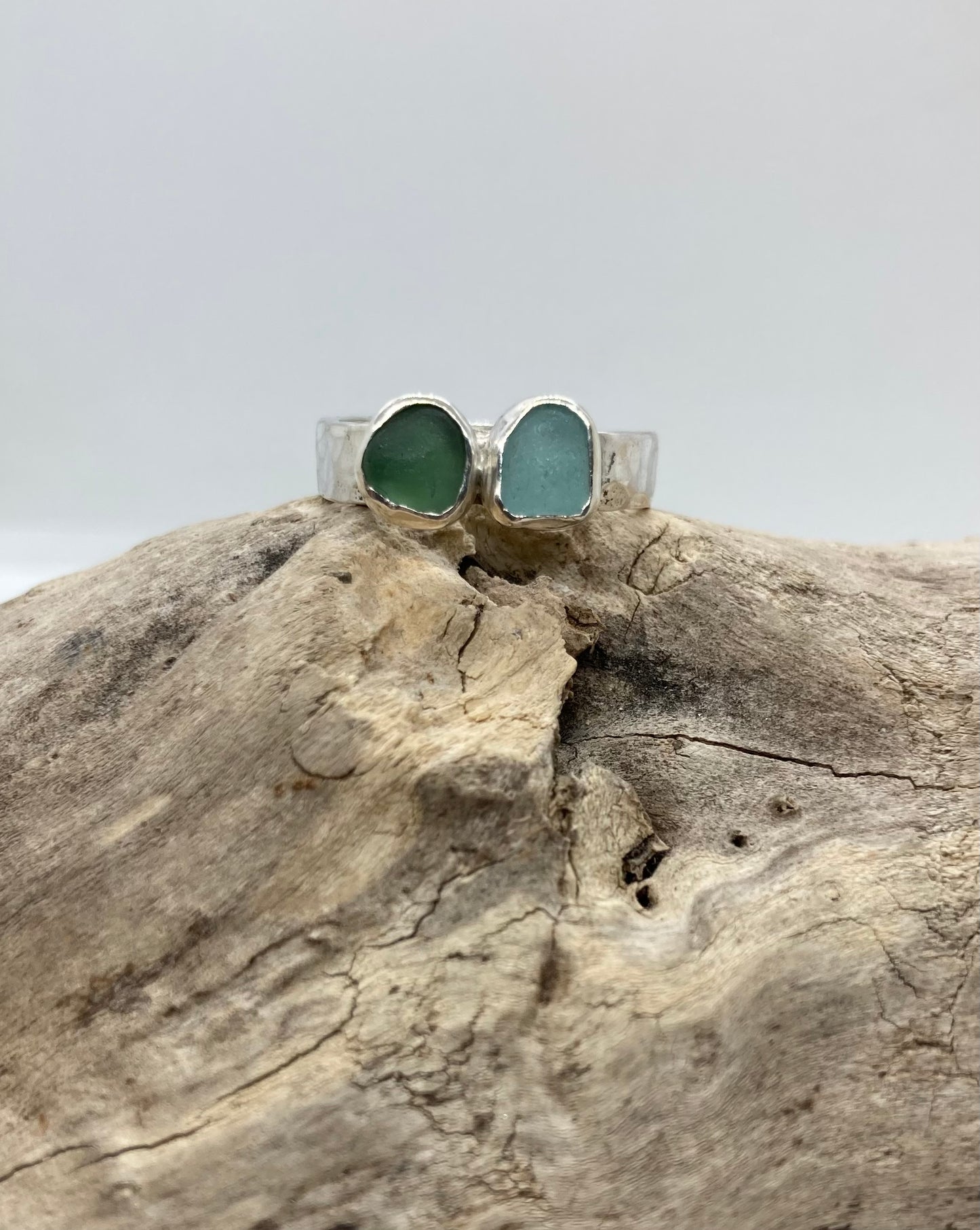 Green and Seafoam sea glass ring UK size N