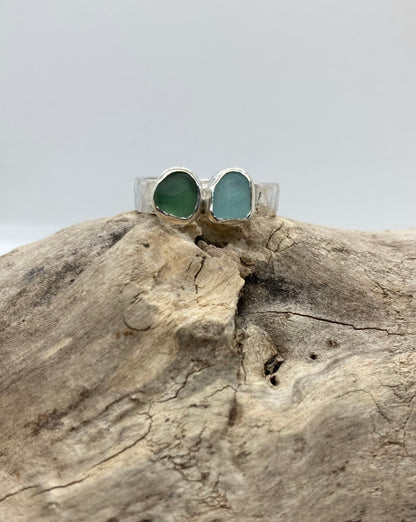 Green and Seafoam sea glass ring UK size N
