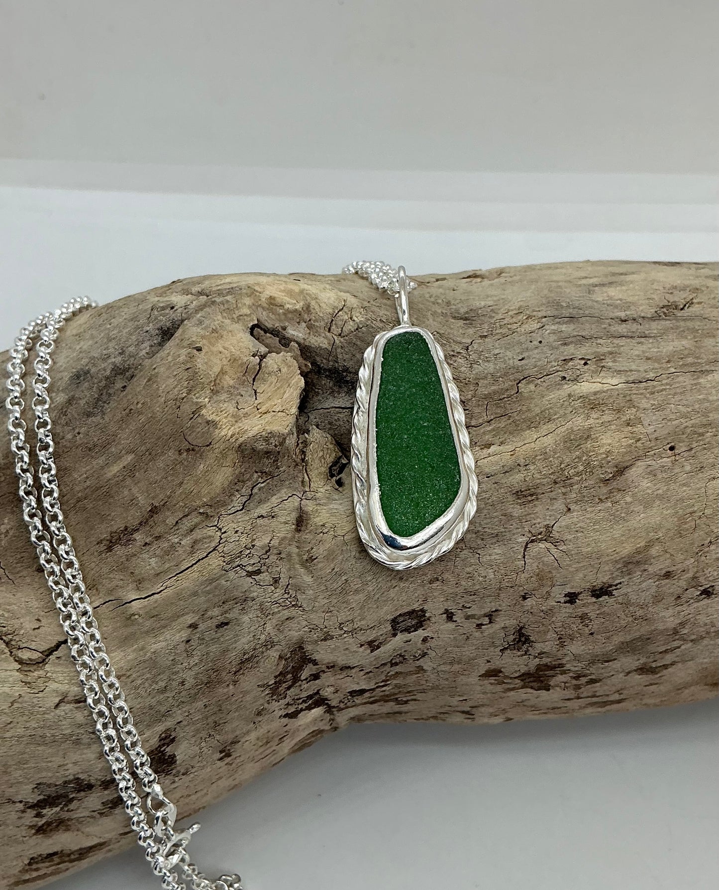 Chunky bright green sea glass pendant