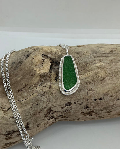 Chunky bright green sea glass pendant