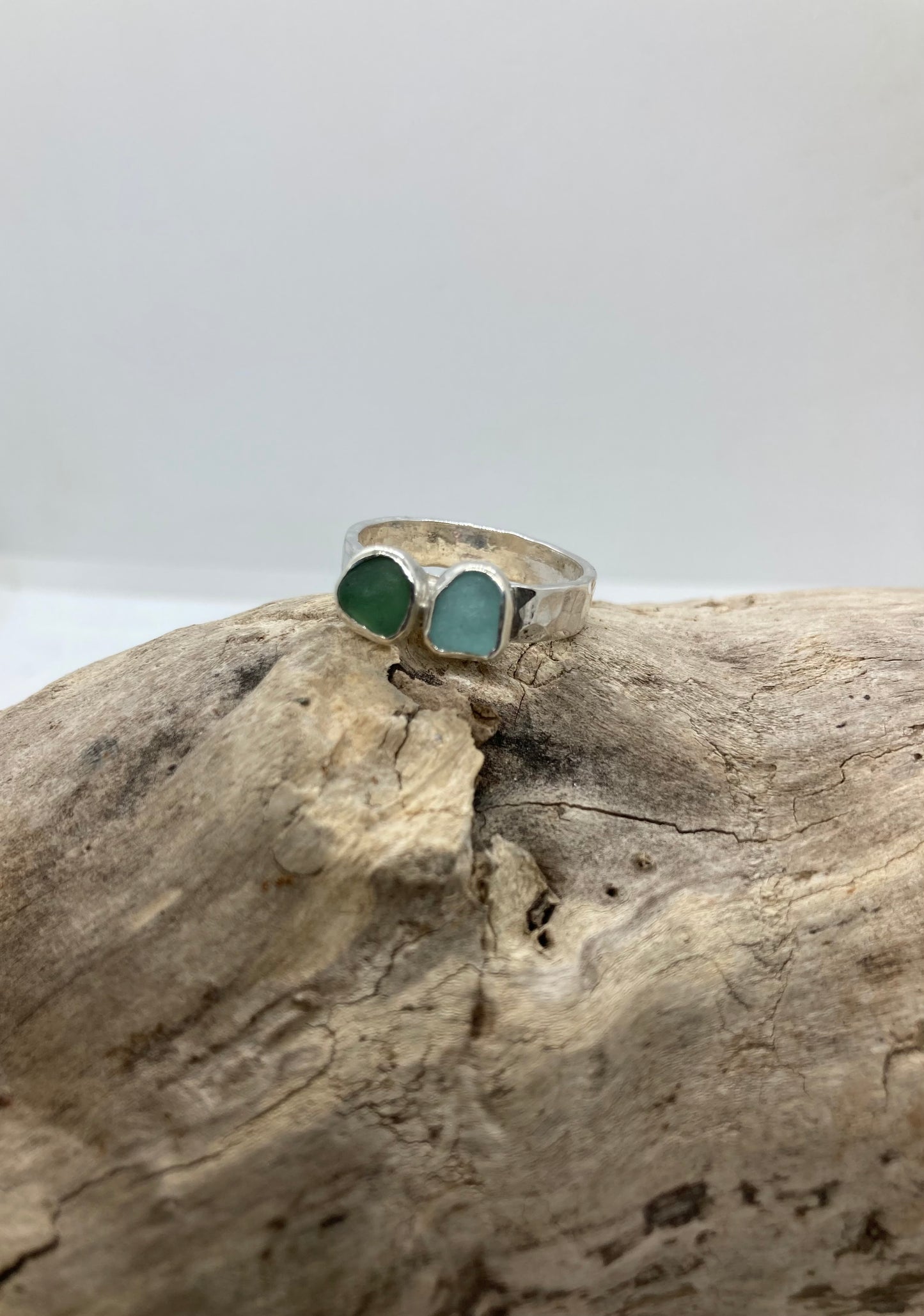 Green and Seafoam sea glass ring UK size N
