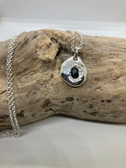 Molten sterling silver sapphire pendant
