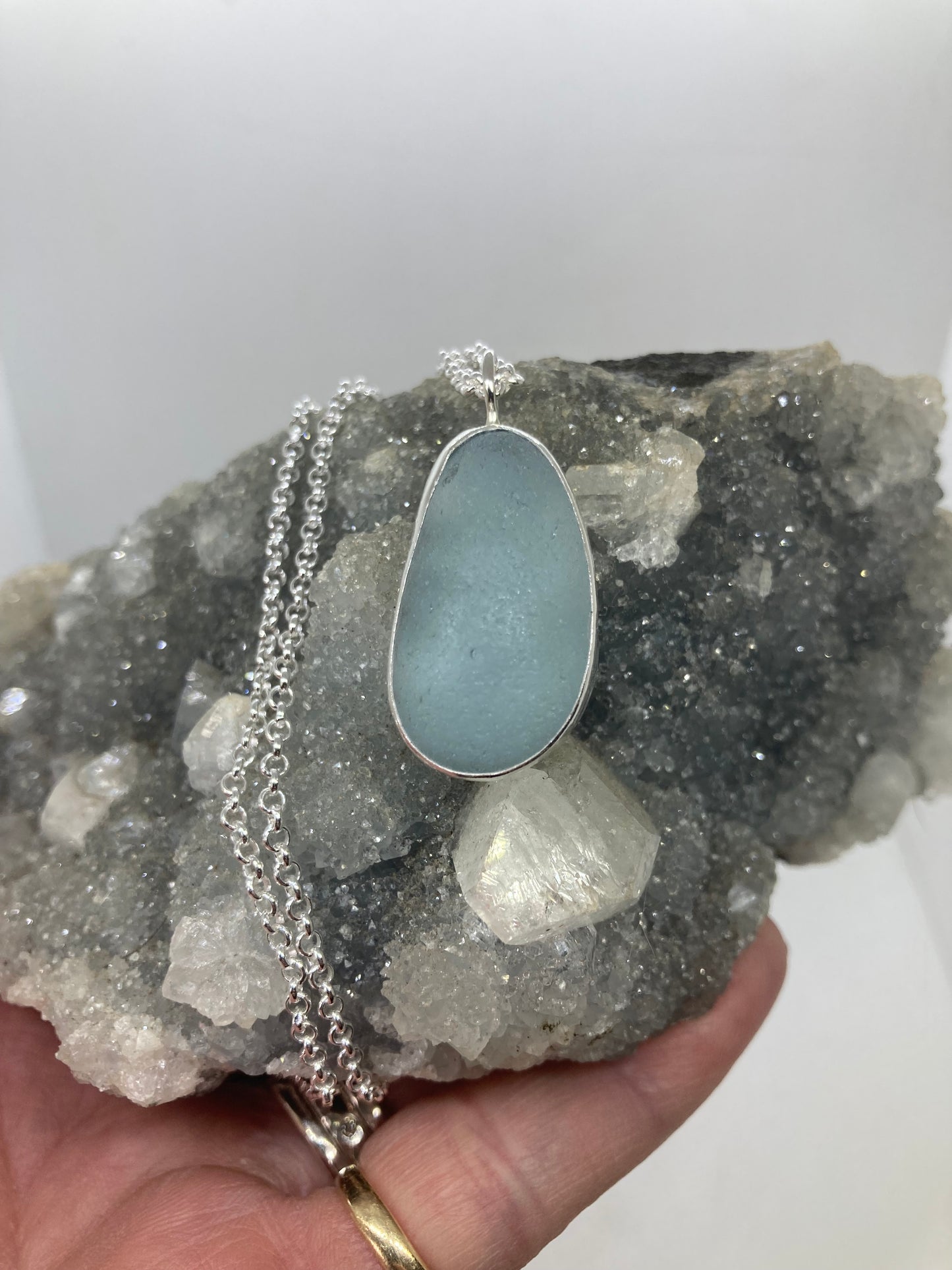 Chunky pale blue Seaham sea glass pendant
