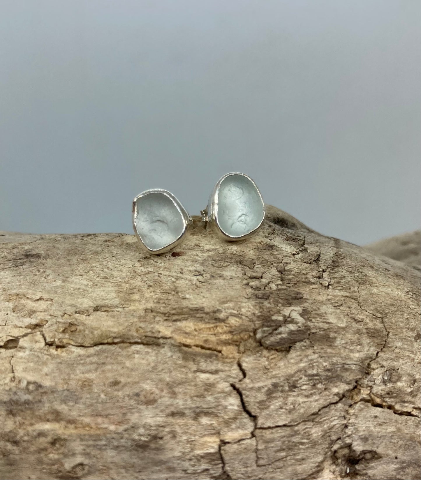 White Sea glass sterling silver studs