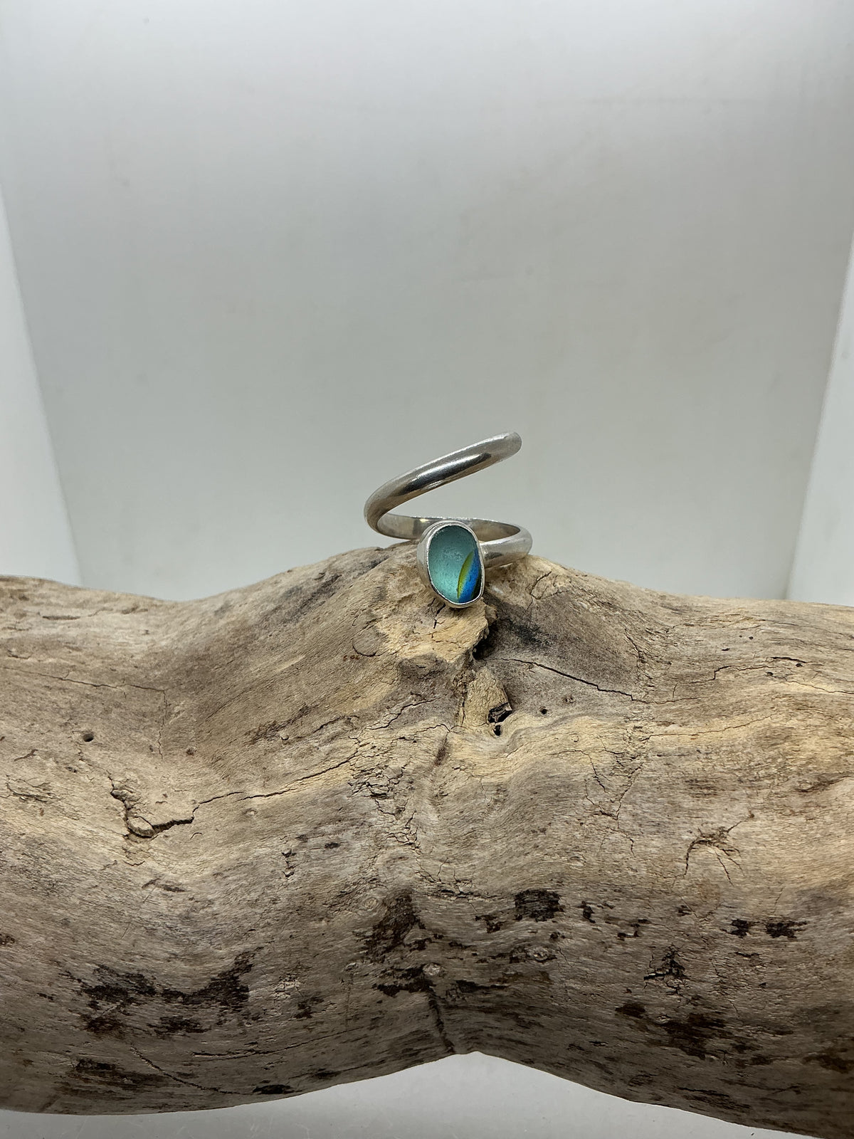 Special Blue multi sea glass twist ring UK size O
