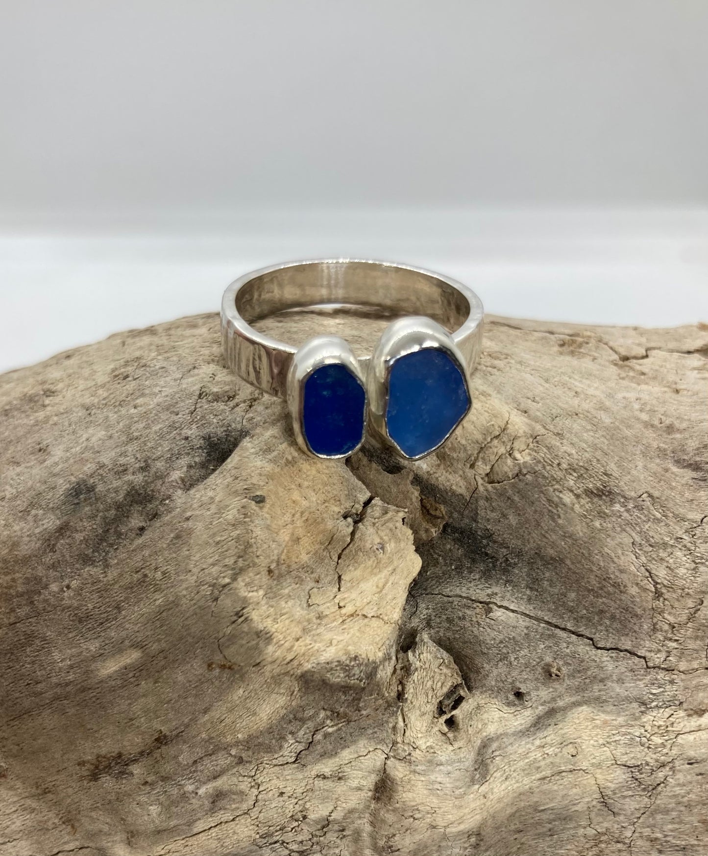 Double blue sea glass ring UK size Q