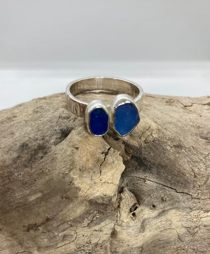 Double blue sea glass ring UK size Q