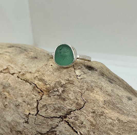 Soft green Seaham sea glass ring UK size T