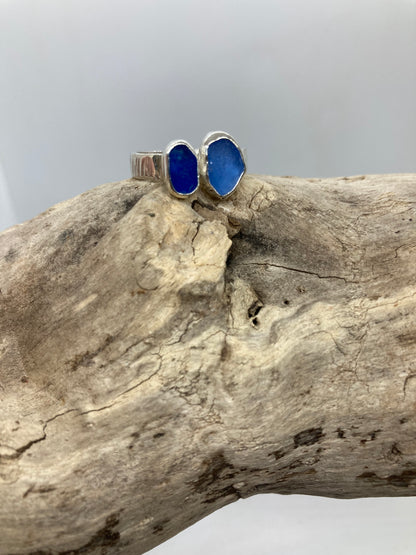 Double blue sea glass ring UK size Q