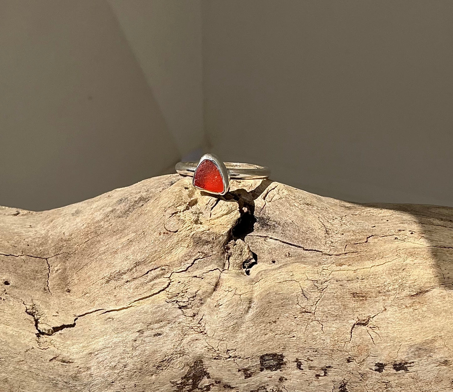 Rare orange sea glass ring UK size O