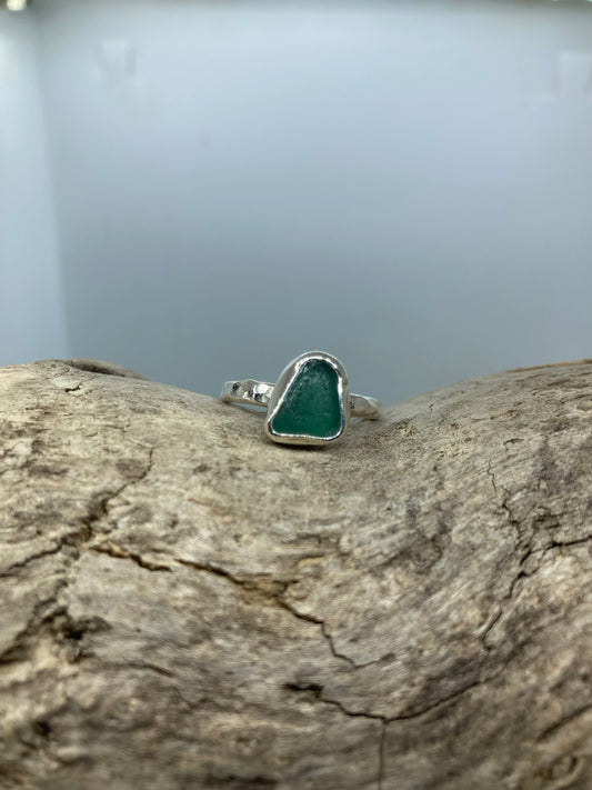Green Seaham sea glass sterling silver ring UK size L