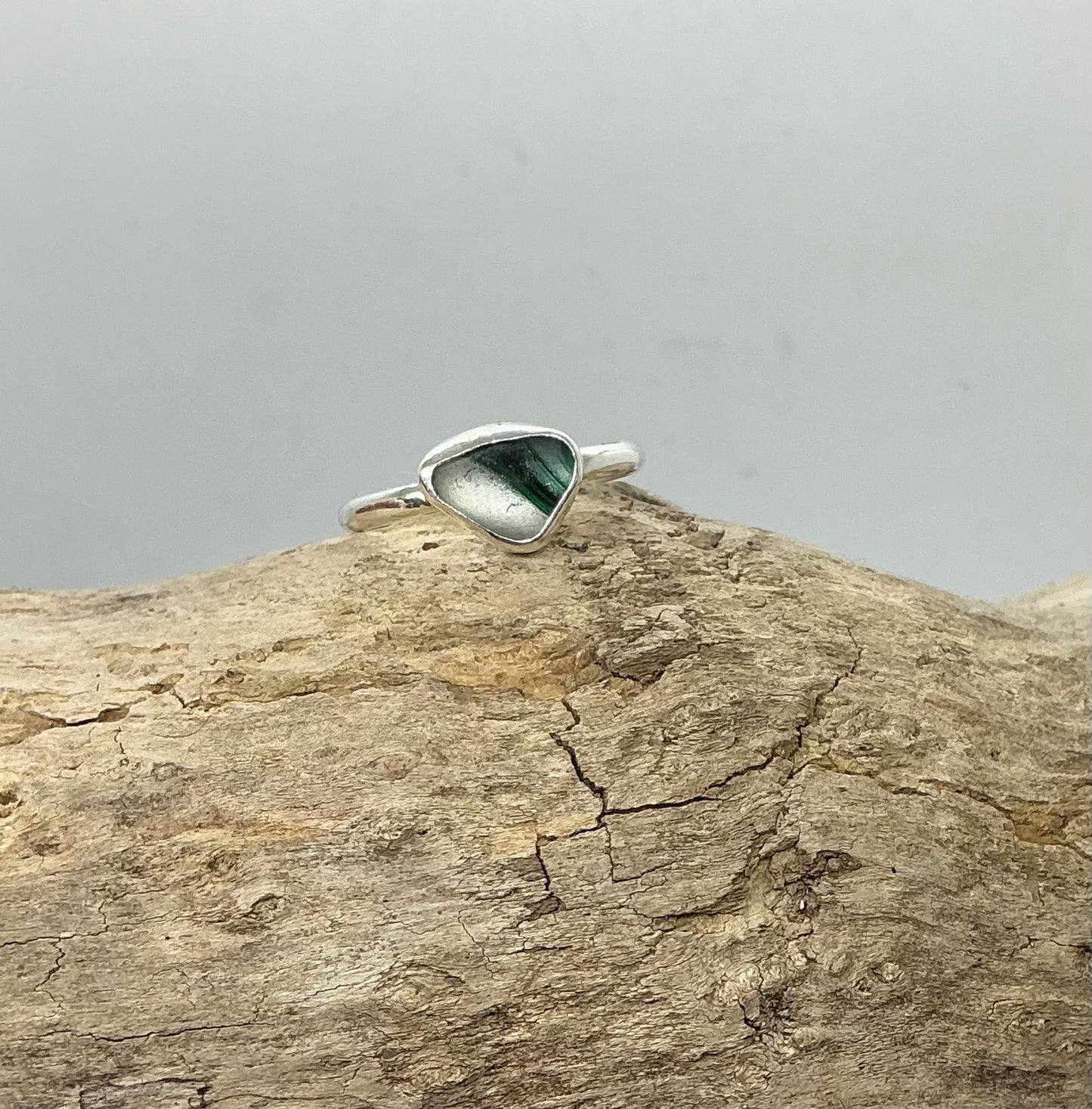 Rare green and white multi sea glass ring UK size Q