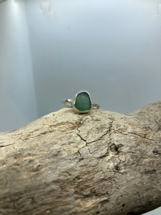 Green Seaham sea glass sterling silver ring UK size P