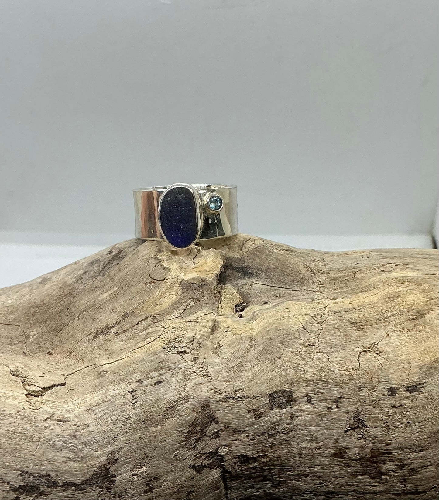 Stunning blue sea glass ring with blue Topaz UK size R1/2