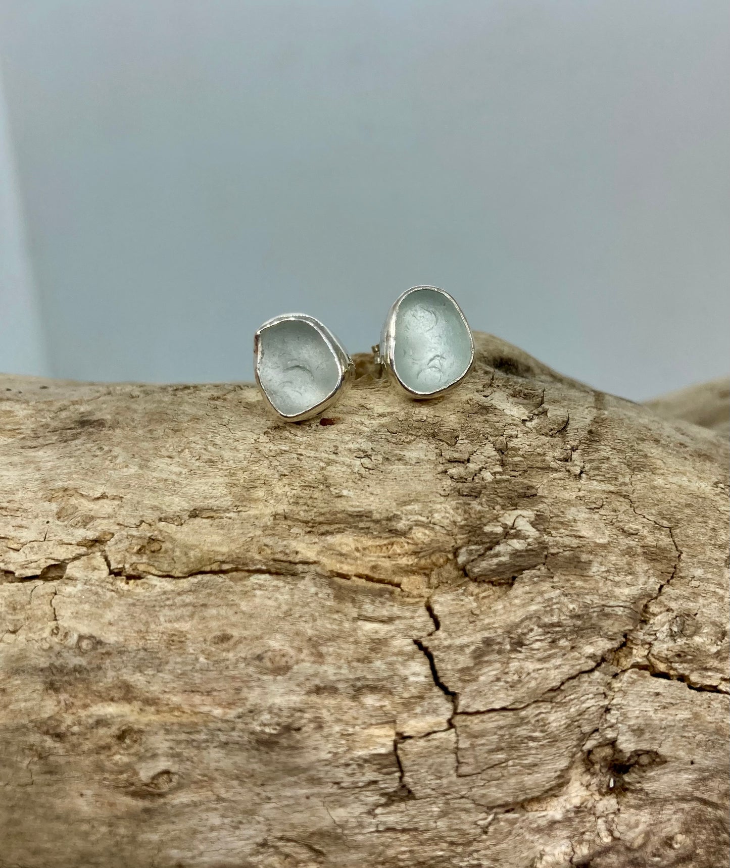 White Sea glass sterling silver studs