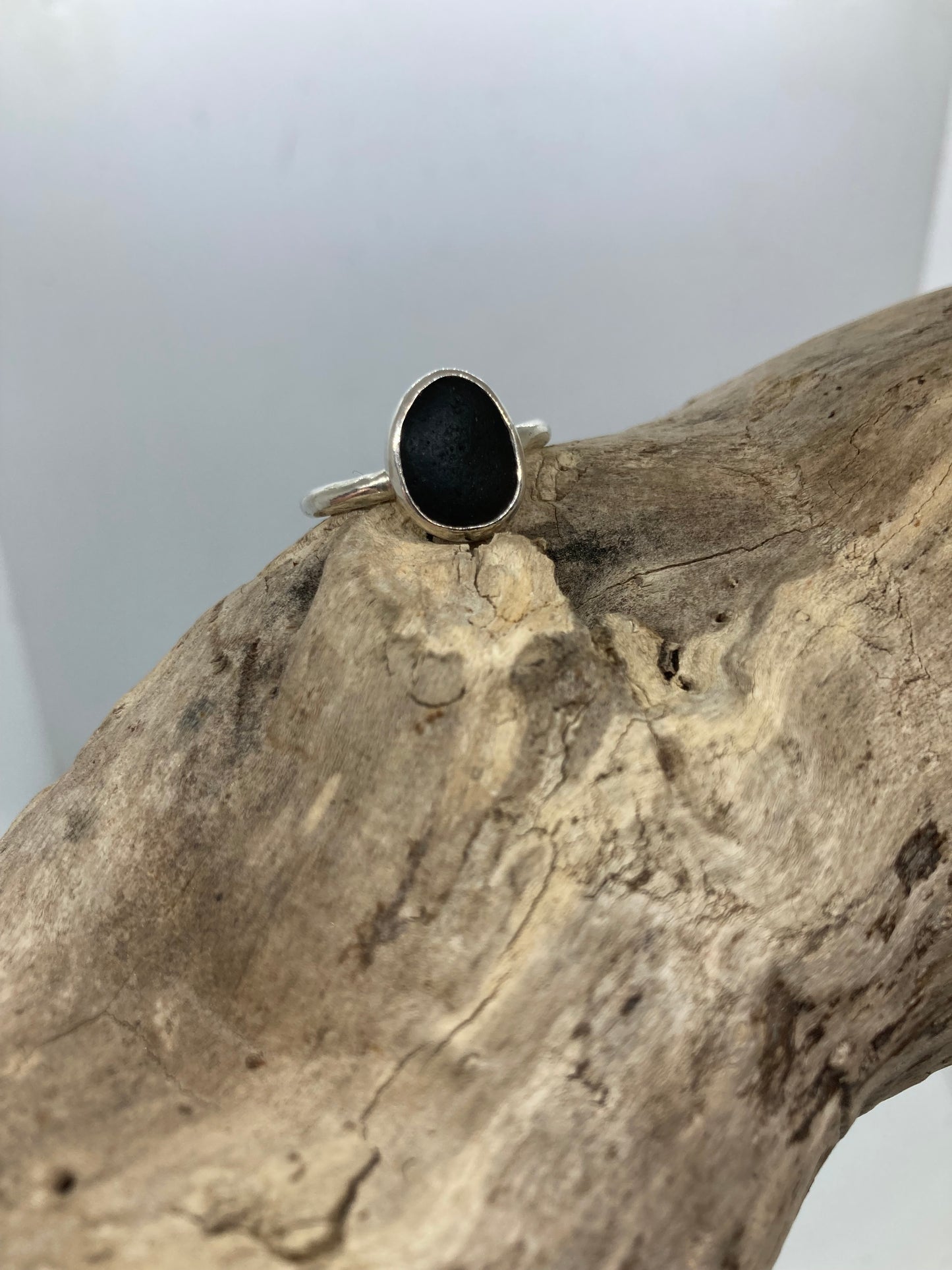 Black Sea glass ring UK Size Q