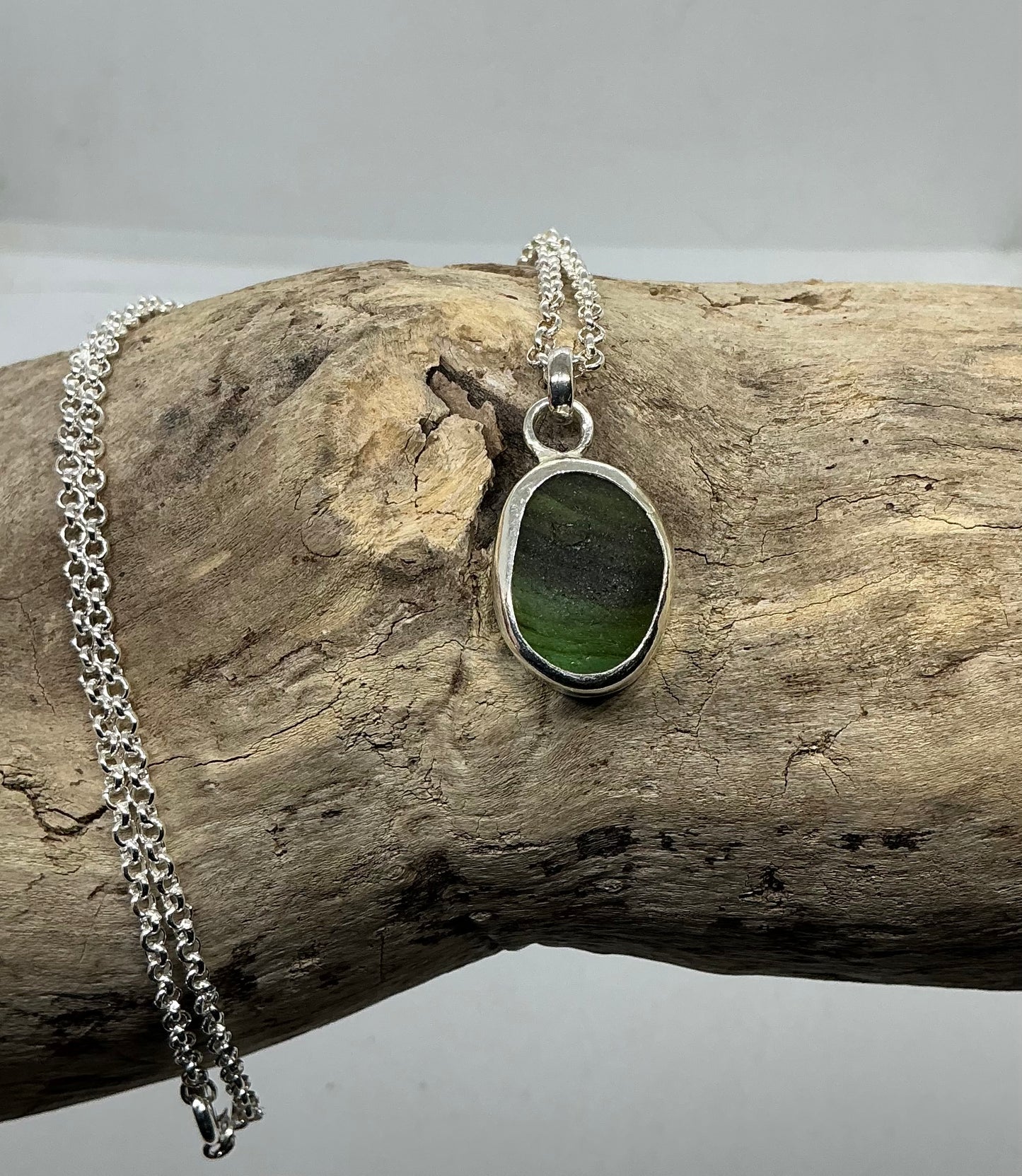 Stripy Olive green Seaham sea glass glass pendant