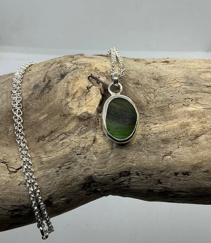 Stripy Olive green Seaham sea glass glass pendant