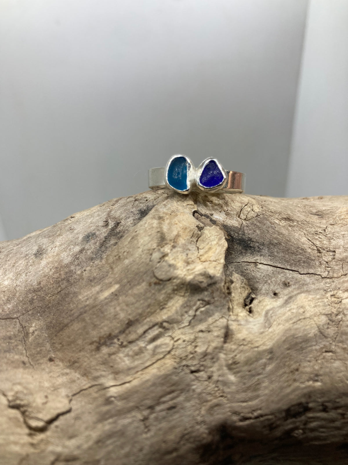 Shades of blue sea glass ring UK size S1/2