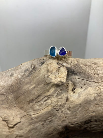 Shades of blue sea glass ring UK size S1/2