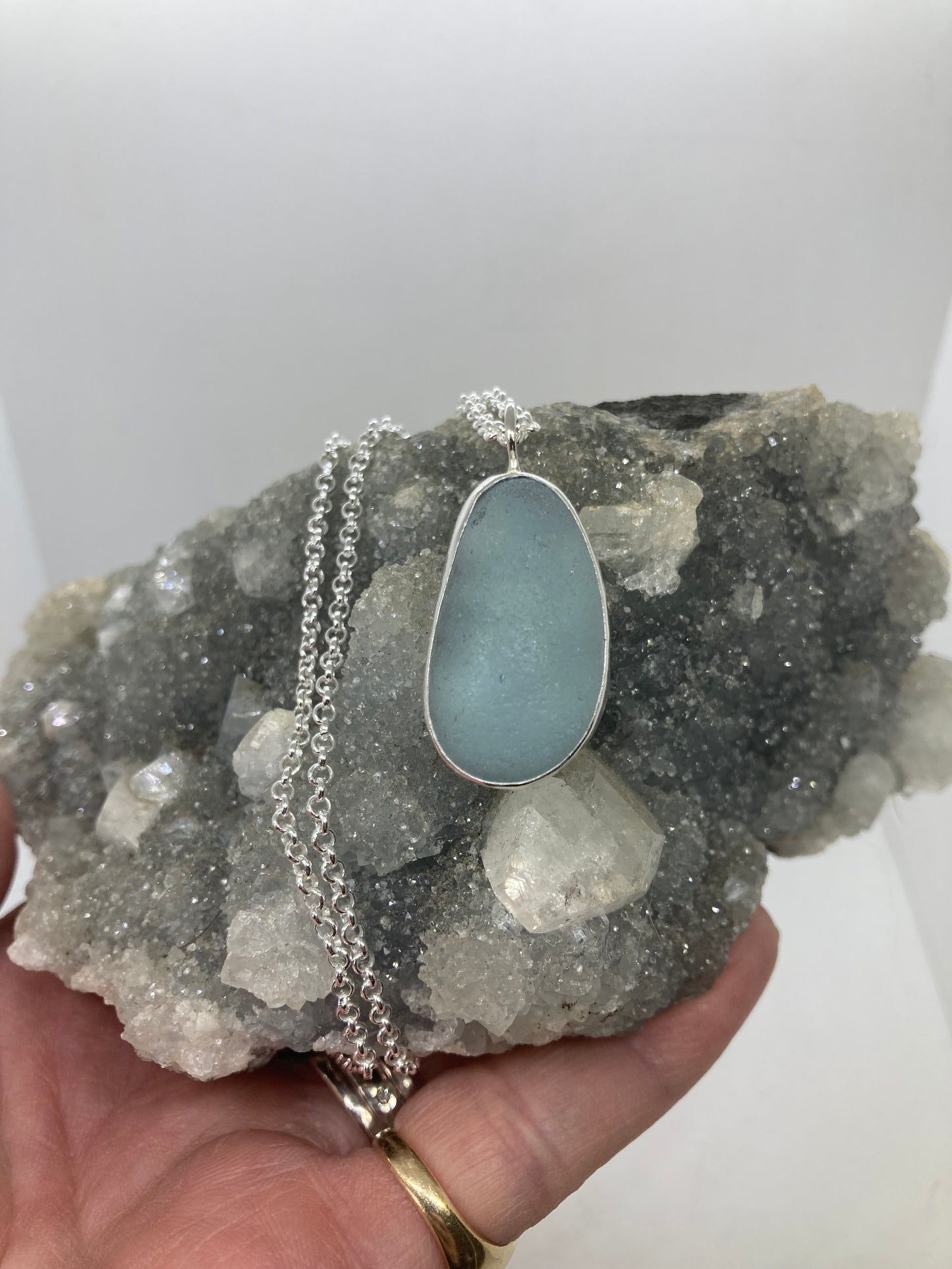 Chunky pale blue Seaham sea glass pendant