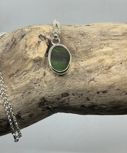 Stripy Olive green Seaham sea glass glass pendant