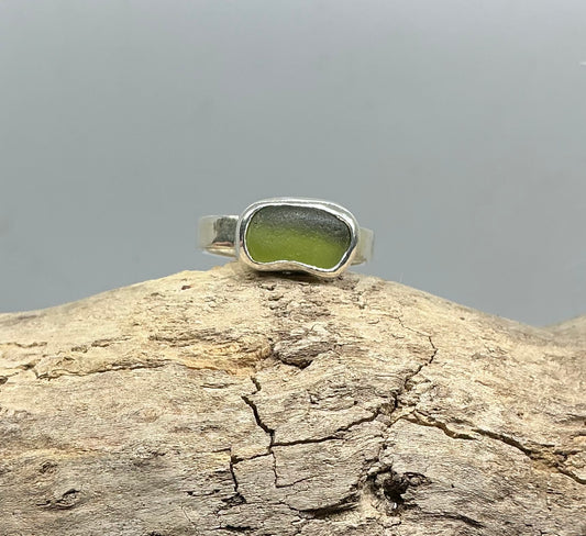Olive green sea glass ring UK size S1/2