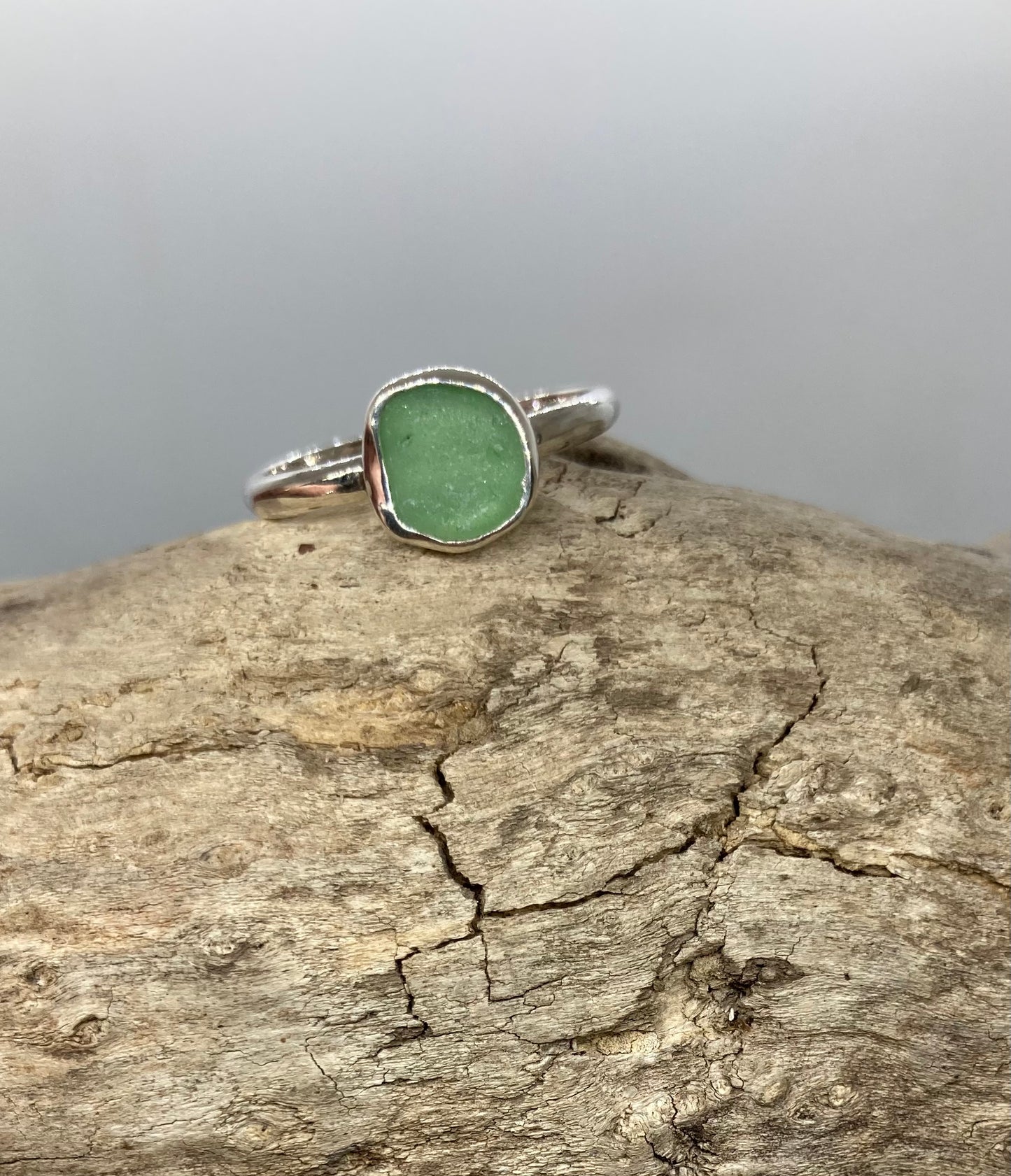 Soft green sea glass ring UK S1/2