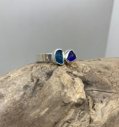 Shades of blue sea glass ring UK size S1/2