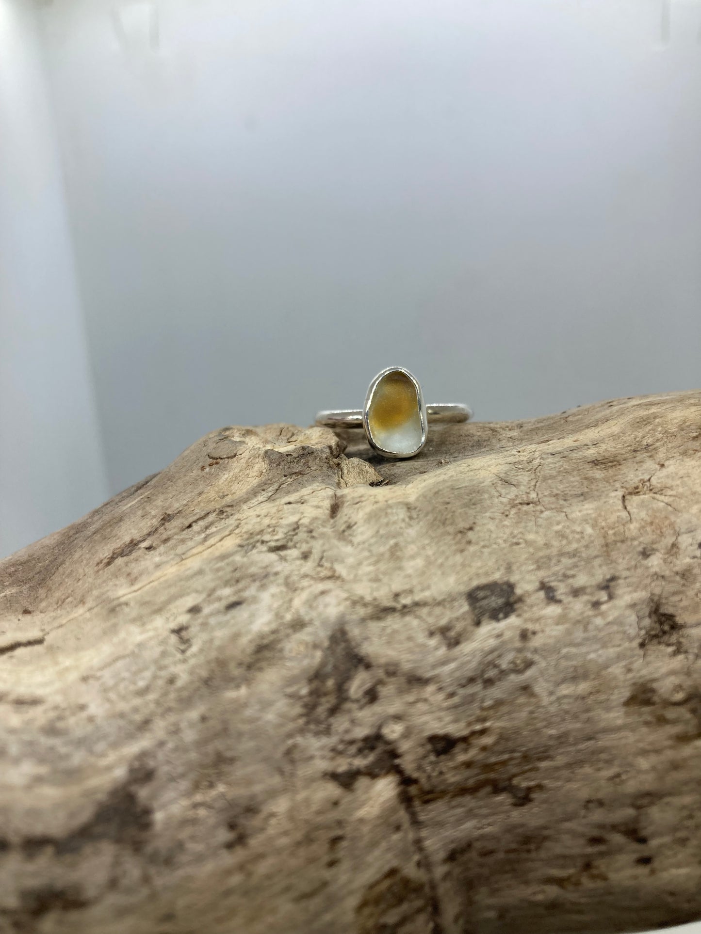 Yellow and white multi Seaham sea glass ring UK size M