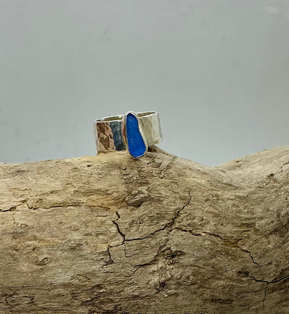 Stunning Cornflower blue sea glass sterling silver ring UK size M