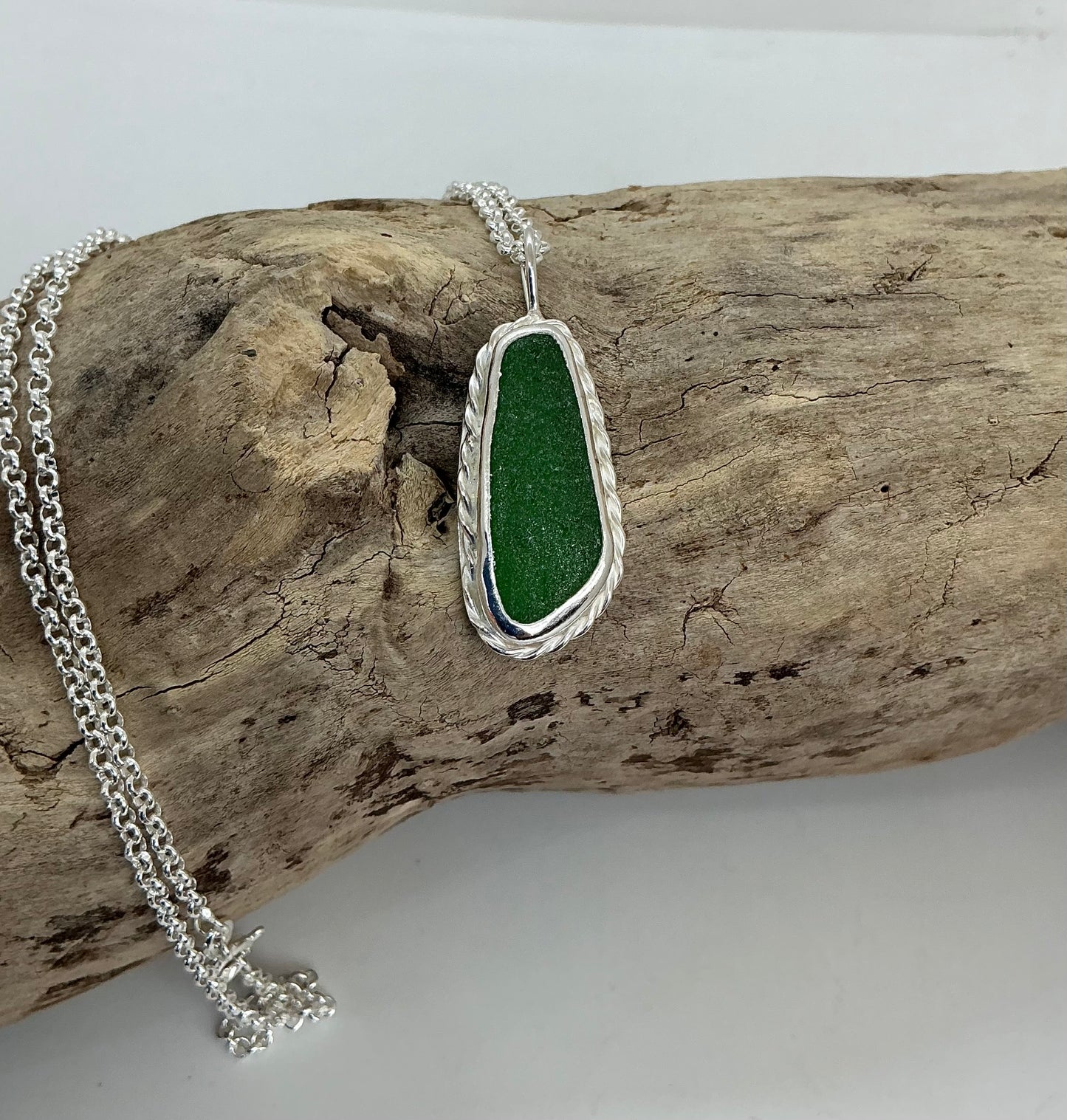 Chunky bright green sea glass pendant