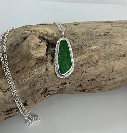 Chunky bright green sea glass pendant