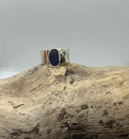 Stunning blue sea glass ring with blue Topaz UK size R1/2