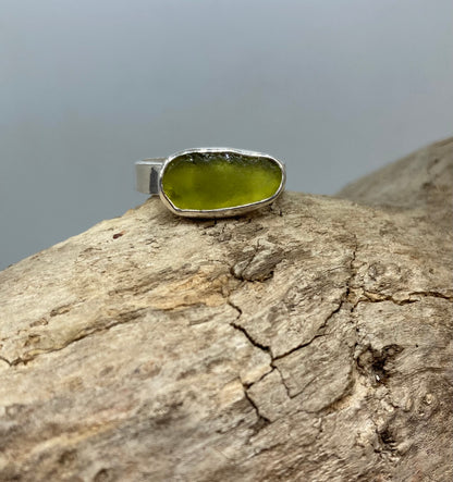 Light olive green sea glass ring UK size O1/2