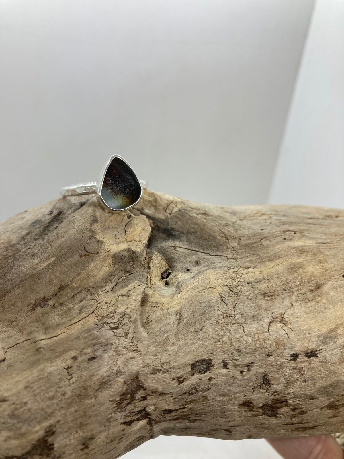Brown and white multi Sea glass ring UK size S