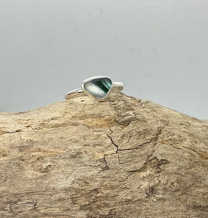 Rare green and white multi sea glass ring UK size Q