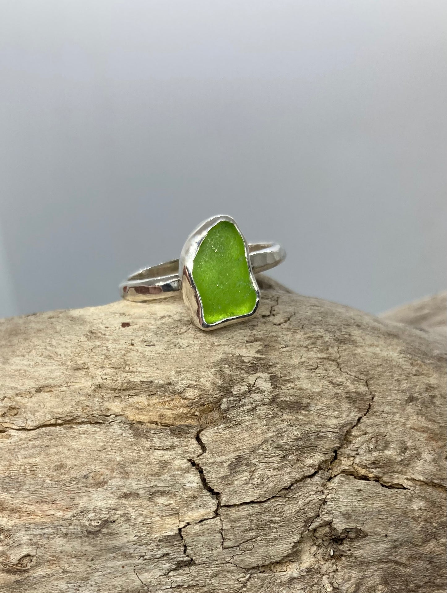 Lime green sea glass ring UK size P