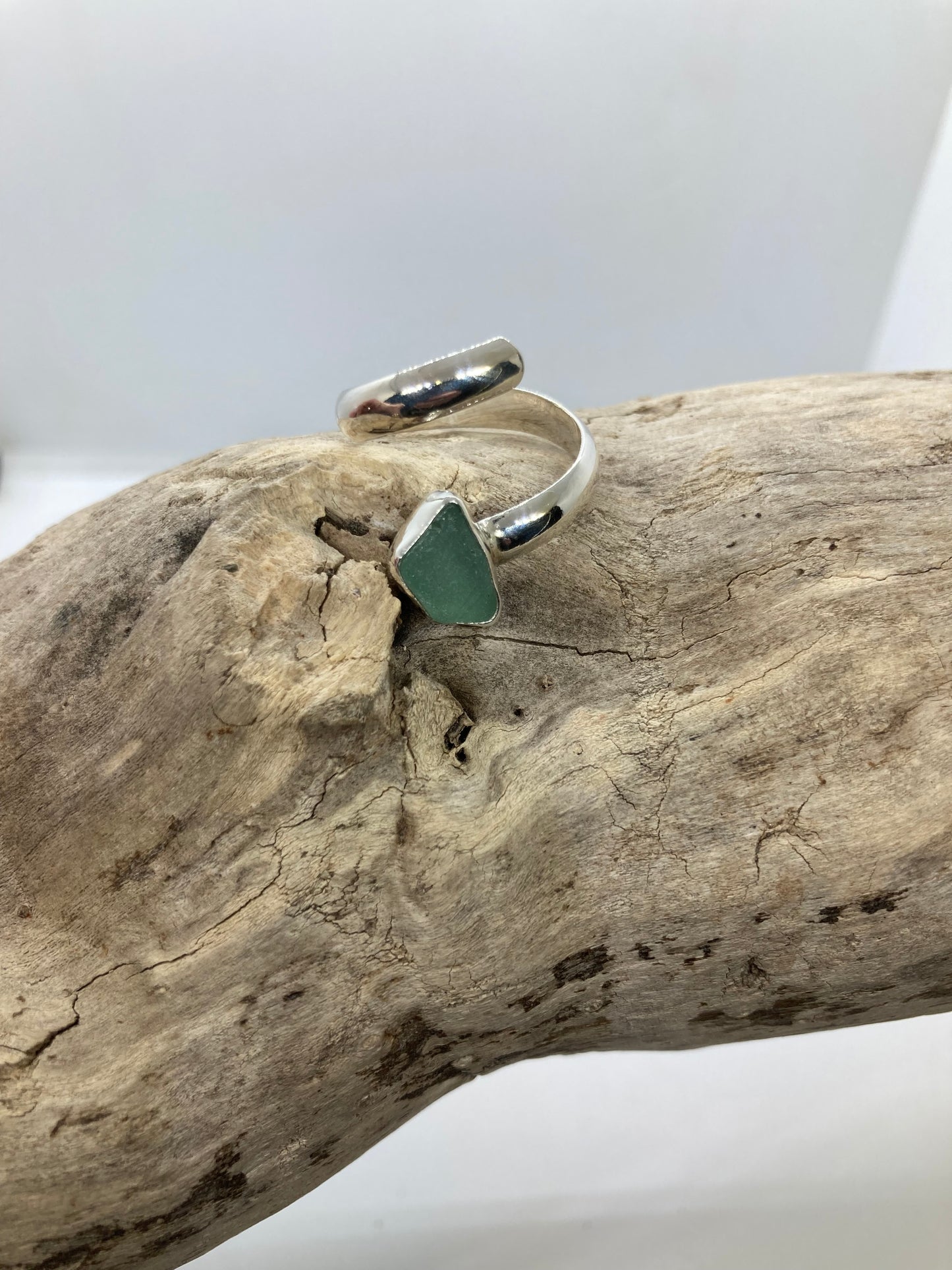 Teal grey sea glass twist ring UK size N
