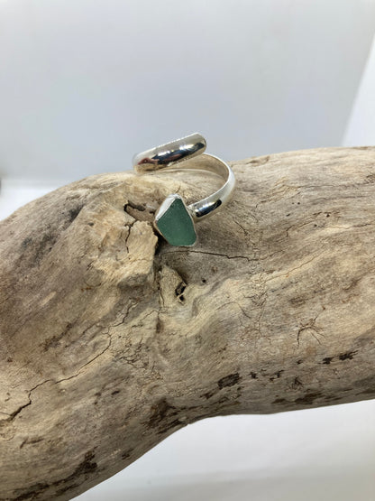 Teal grey sea glass twist ring UK size N